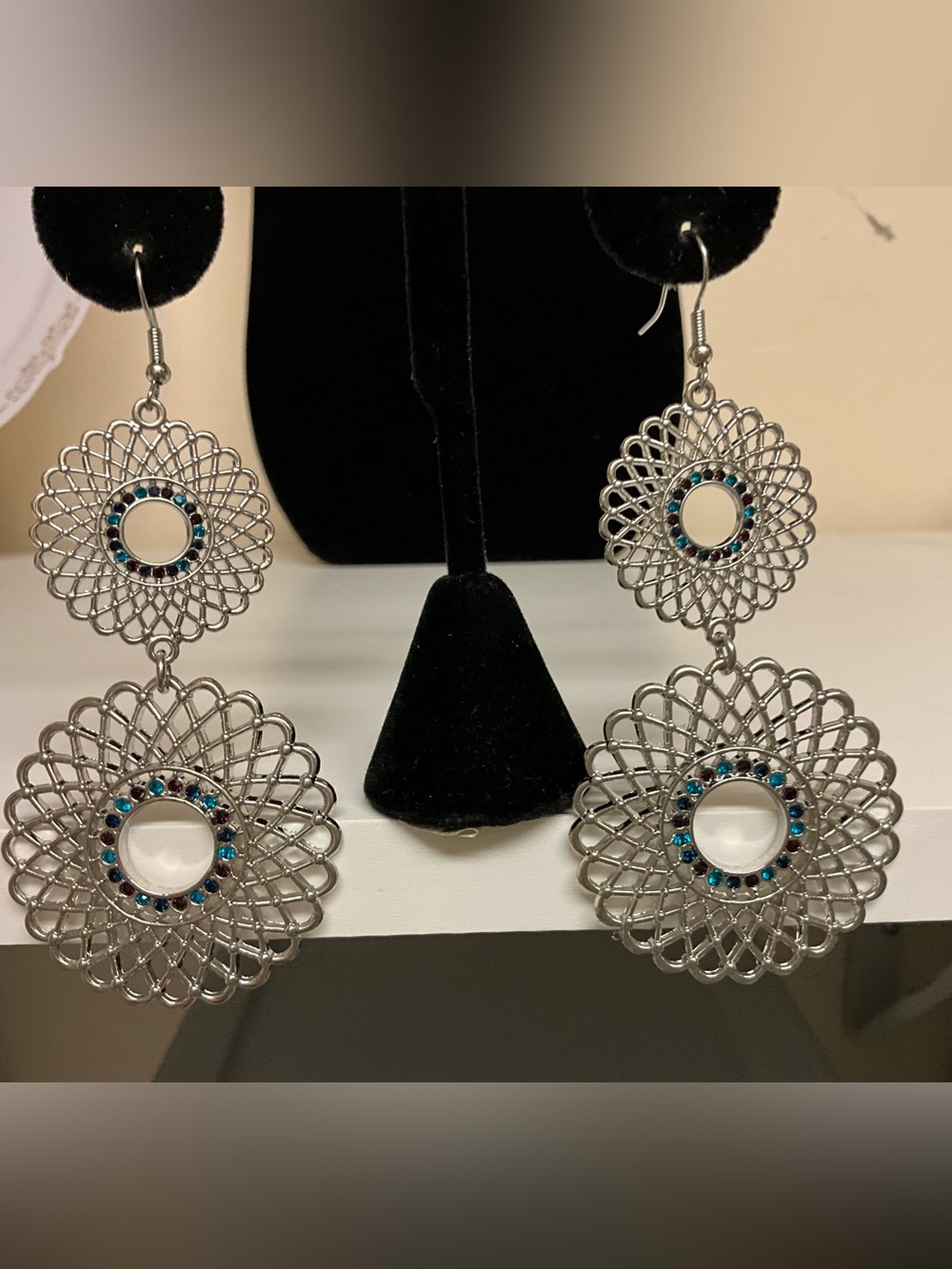 Boho Filigree Two Disc Earrings Silver Tone Statement Fishhook Earrings Disco